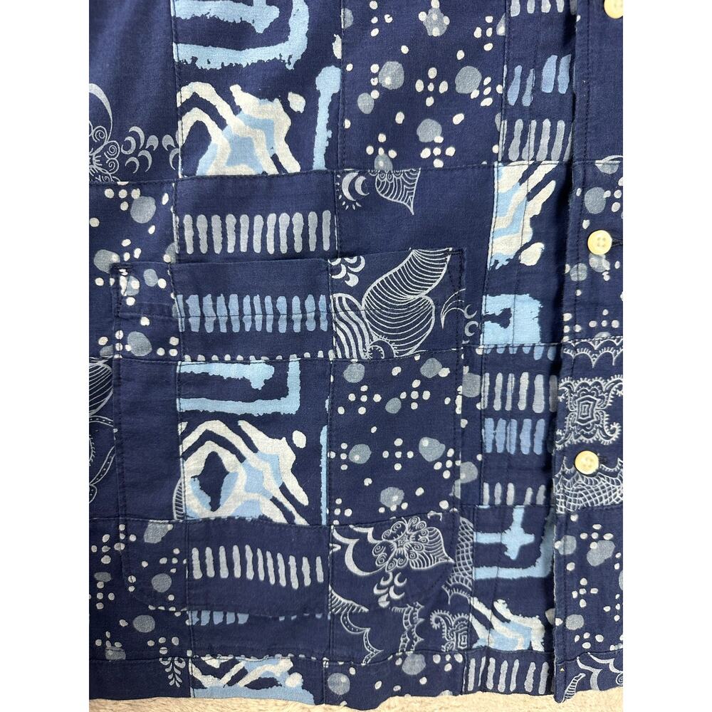 J.Crew Blue Indigo-dyed Indian Madras Patchwork Camp Loop Collar Shirt Men's XL - Picture 7 of 11